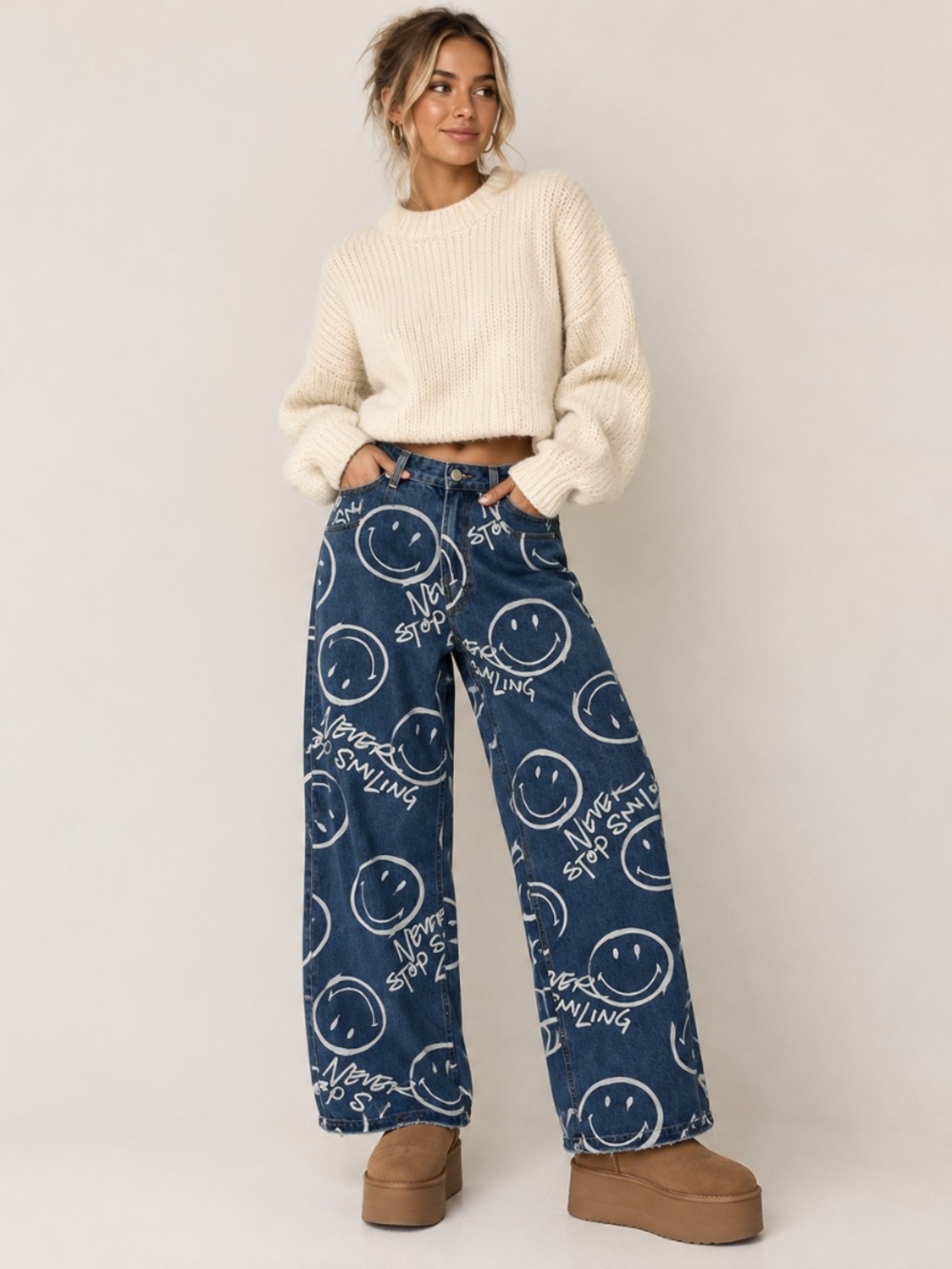 SMILEY x H&M Graphic High-Waist Wide Leg Jeans Sz 8 Indie Y2k Kidcore